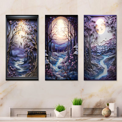 Purple Winter River Landscape Collage I - Winter Landscape Metal Wall Art Prints Set Of 3