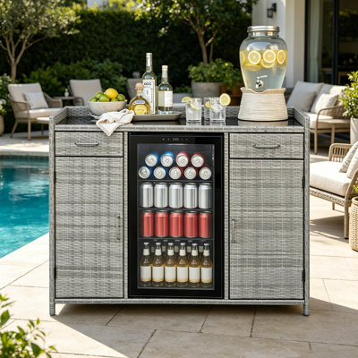 Wicker/Rattan Outdoor Storage Cabinet With Fridge Space, Patio Bar Cabinet With Adjustable Shelves & Drawers For Pool, Garden, Kitchen