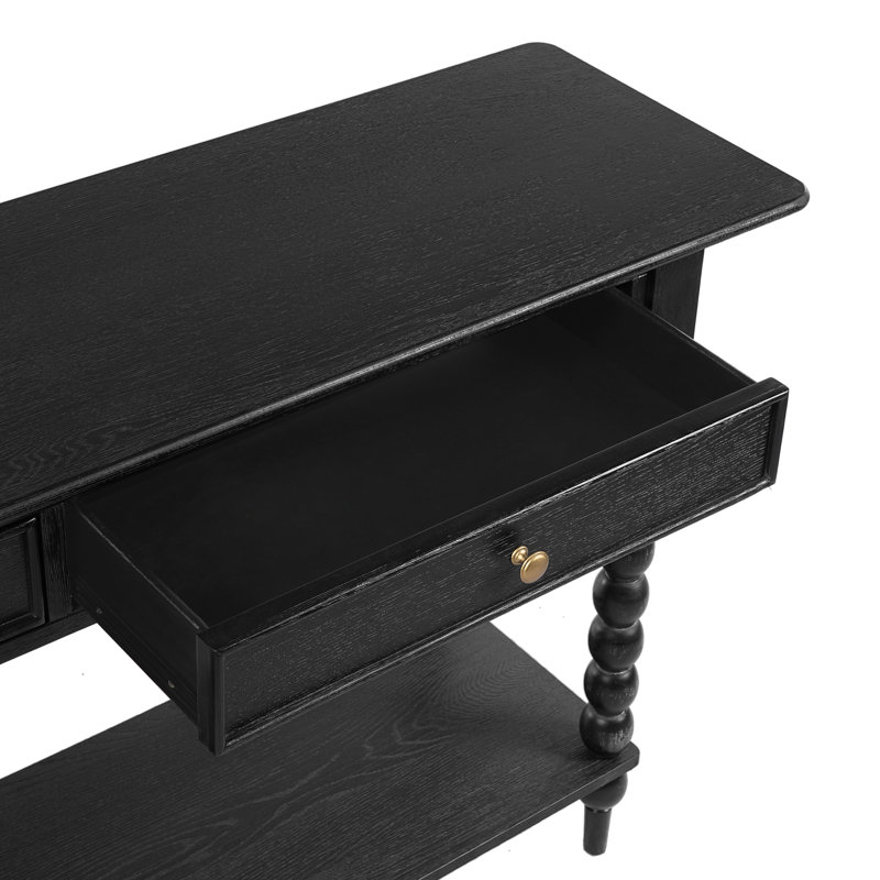 Console rétro avec 2 tiroirs, tablette et pieds sphériques Liora, Noir