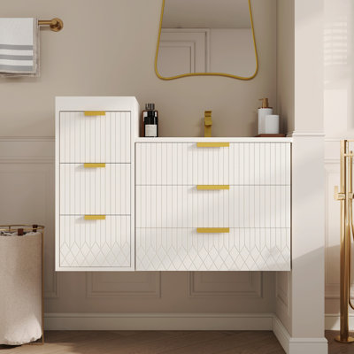 24inch Wall Mounted Floating Cabinet With Side Cabinet Combo, Rectangular Vanity, Small Bathroom Sink With Single Faucet Hole And Overflow, Modern Bathroom Cabinet With Ceramic Basin Sink