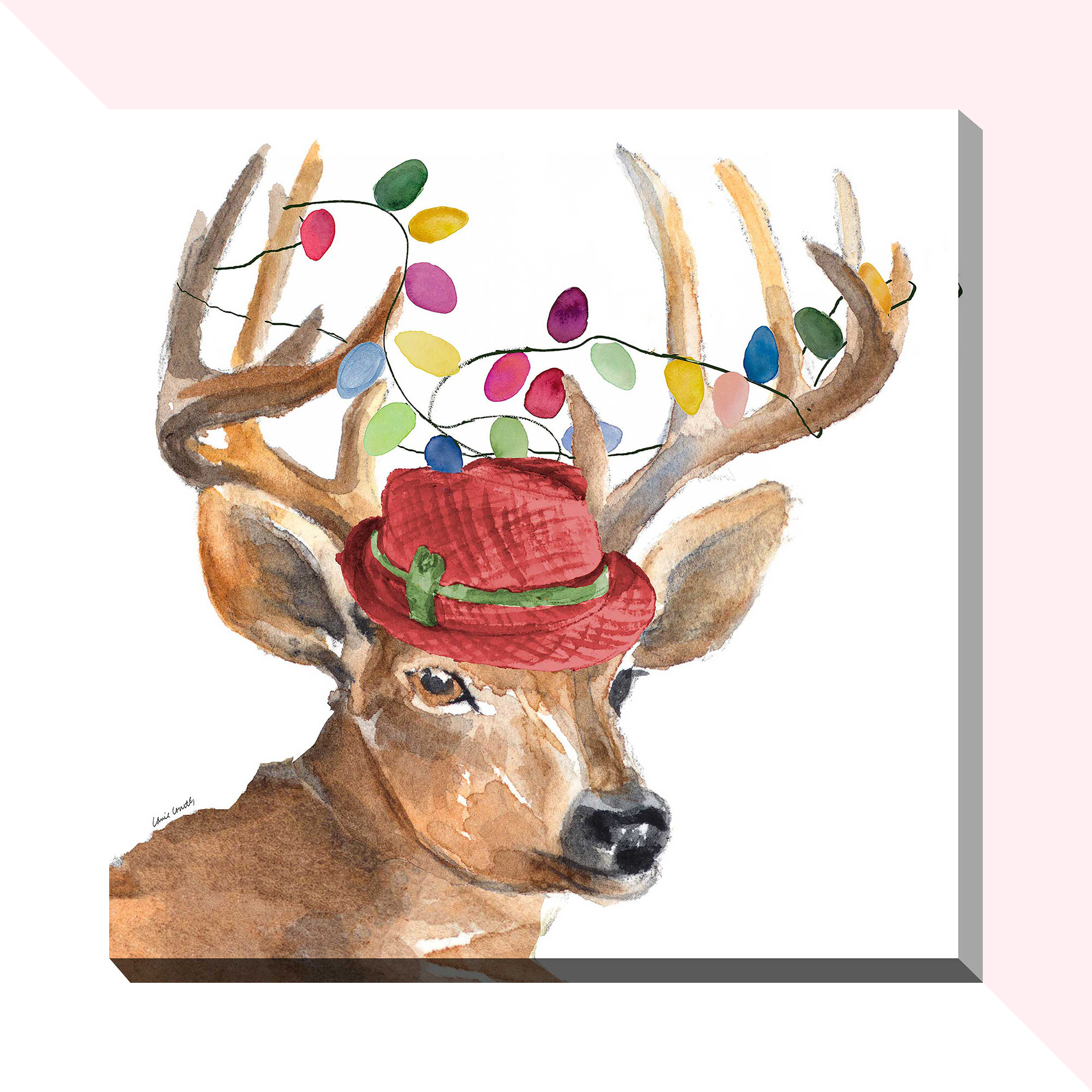 Christmas Light Reindeer Hat Watercolor Painting Print