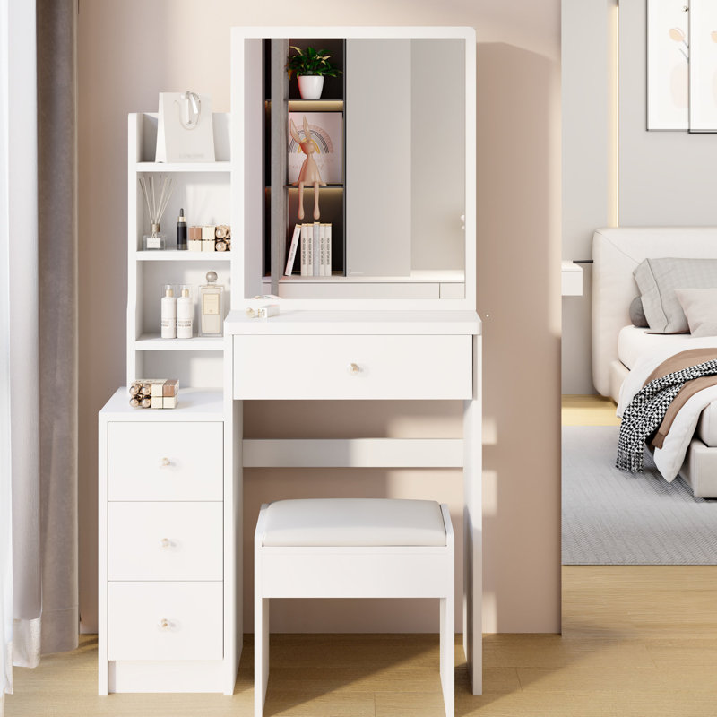 Coiffeuse blanche avec miroir coulissant extra large et tabouret pour petits espaces