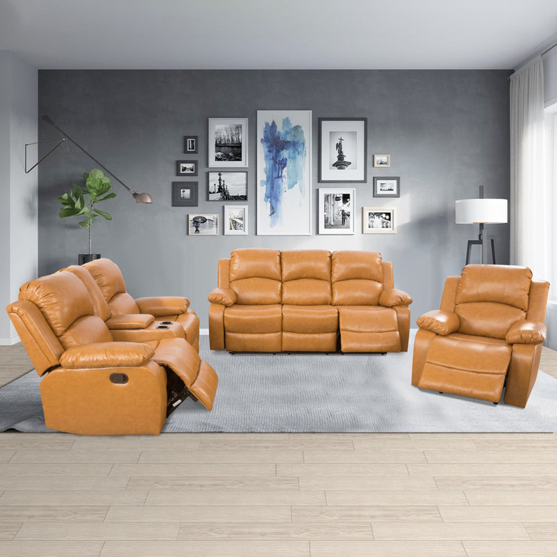 Ensemble de salon inclinable en similicuir 3 pièces Vesada avec table basse et console intégrées, Jaune