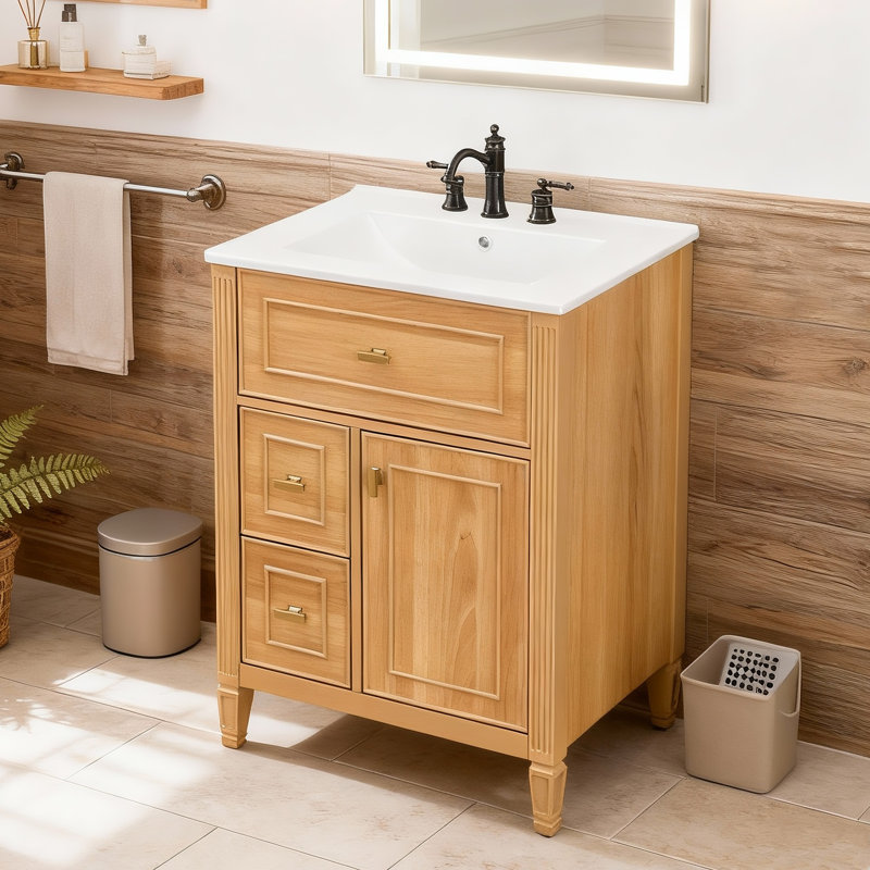 Meuble-lavabo 24 po avec lavabo - tiroir simple et double tiroir, tablette réglable, bois massif et panneau de fibres à densité moyenne