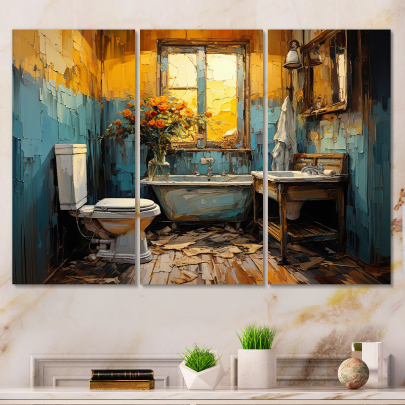«Bathroom Bathroom», peinture sur toile 3 pièces, H 28 po x l 36 po x P 1 po