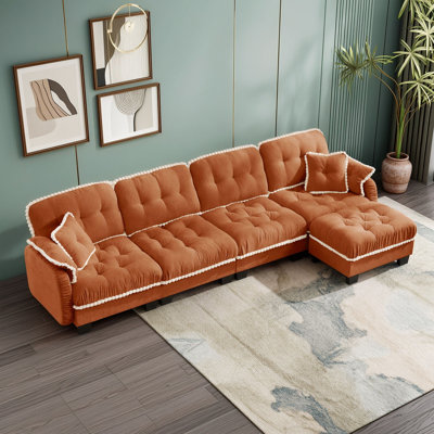Chenille Sectional Sofa with Movable Ottoman and Four Pillows