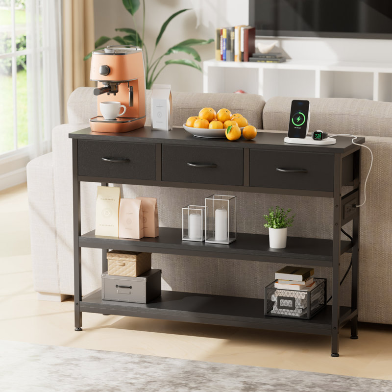 3-Tier Console Table With Charging Station & 3 Fabric Drawers,43.3'' Entryway Table With Storage Drawers And Open Shelves, Narrow Sofa Table With USB Ports And Outlets, Adjustable Feet, And Modern Design For Hallways, Living Rooms, And Small Spaces
