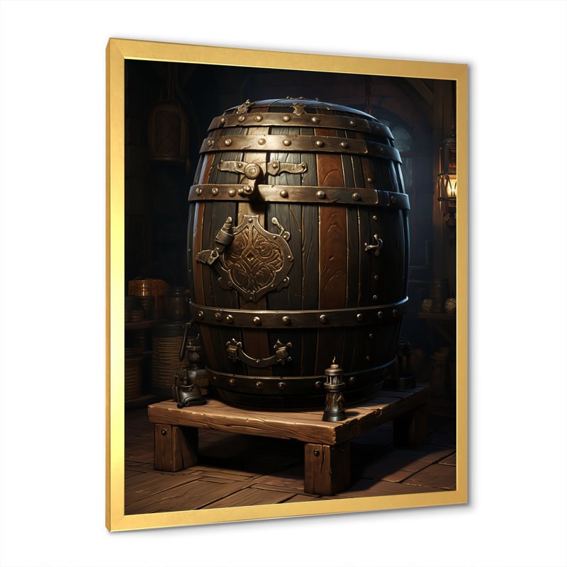 Brun élégant baril de vin - art mural vin, Cadre doré simple, H 32 po x l 16 po x P 1 po