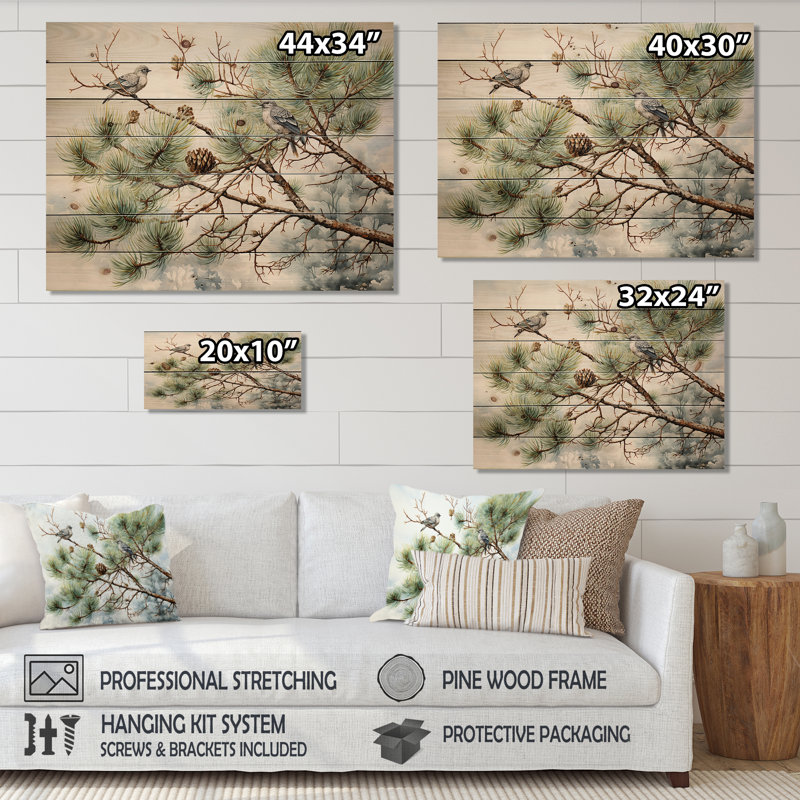 Oiseau sur pin I sur bois, H 10 po x l 20 po x P 0,78 po