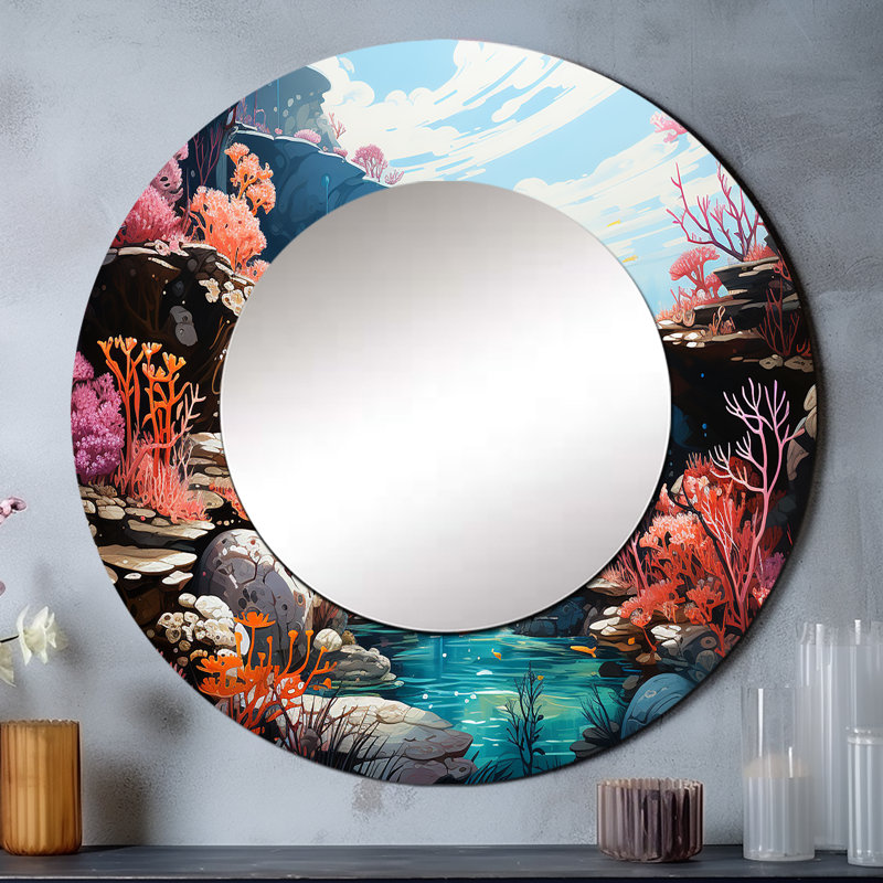 Rumena Coral World Expression - miroir unique Corals, grand miroir mural rond Coastal, impression d'art en métal