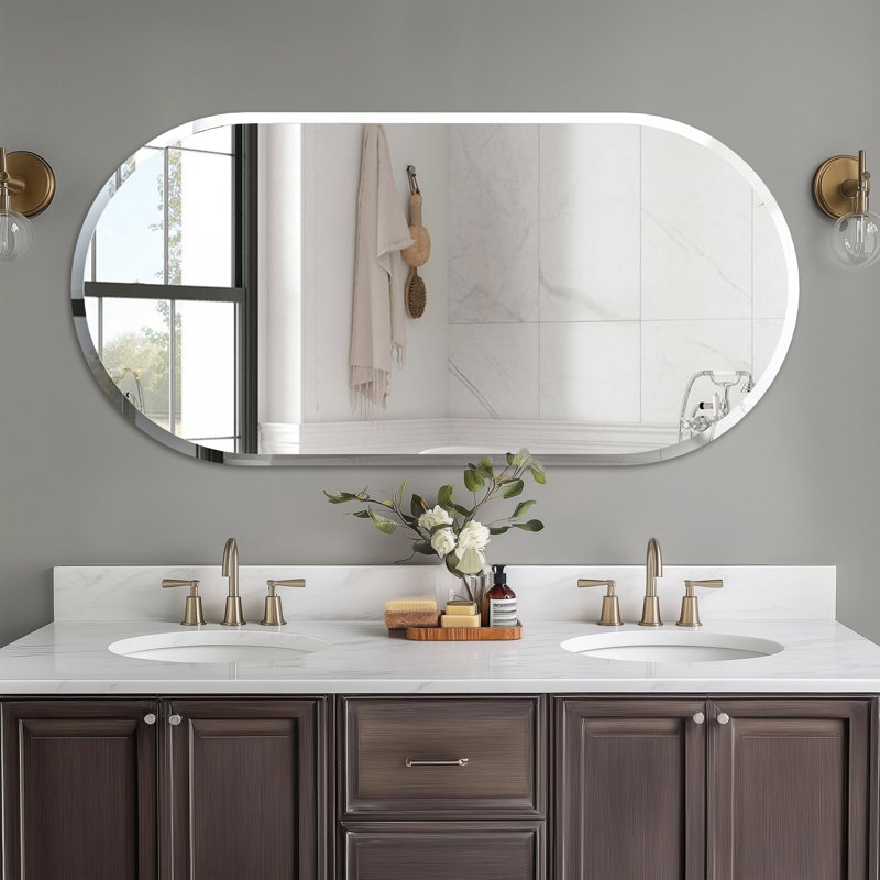 Long Oval Wall Hanging Glass Mirror With Beveled Edge Vanity Mirror For Bathroom, 47.2"H x 24"W
