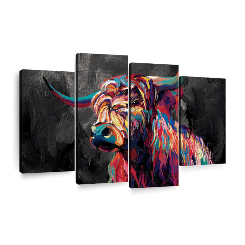«Highland Cow» par Jude A, ensemble de 4 abstraits sur toile, H 32 po x l 52 po x P 1,25 po