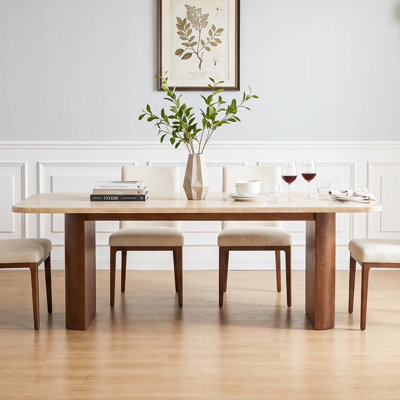 Ovelo 96" Rectangular Travertine Top Dining Table with Oak Pedestal Base, Modern Kitchen Table-Brown