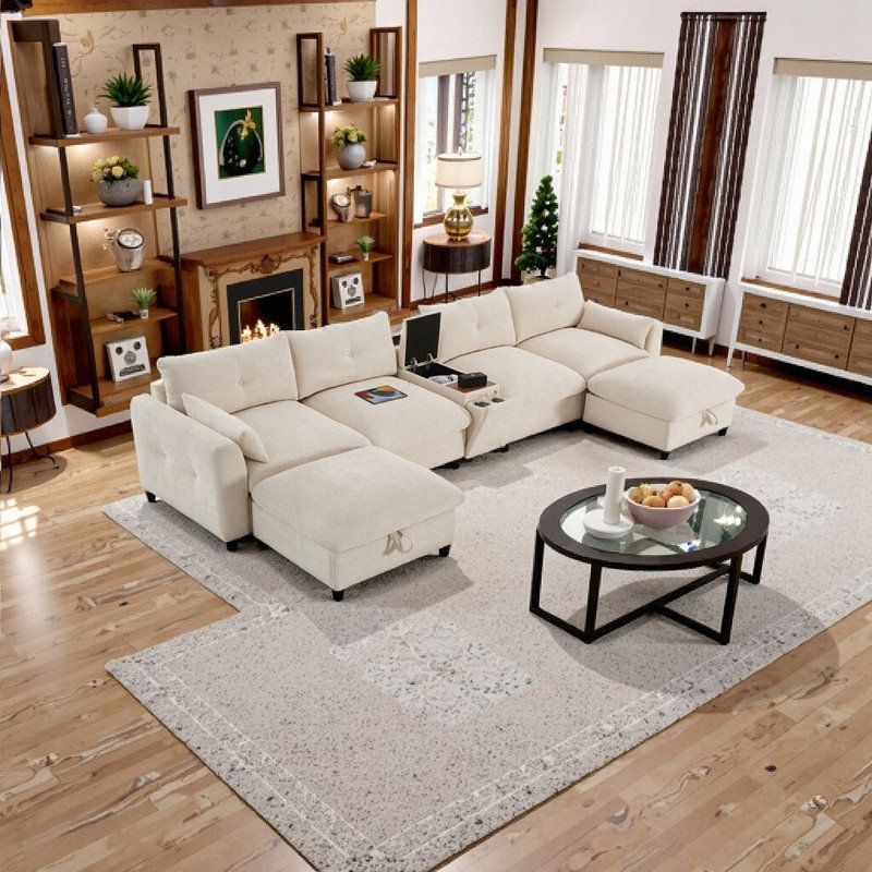 Canapé modulaire en chenille modulaire de 136 po en U avec console et repose-pieds avec rangement, Beige