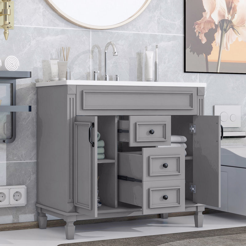 Meuble-lavabo 36 po avec lavabo supérieur, armoire de rangement moderne, 2 portes à fermeture douce + 2 tiroirs, lavabo simple