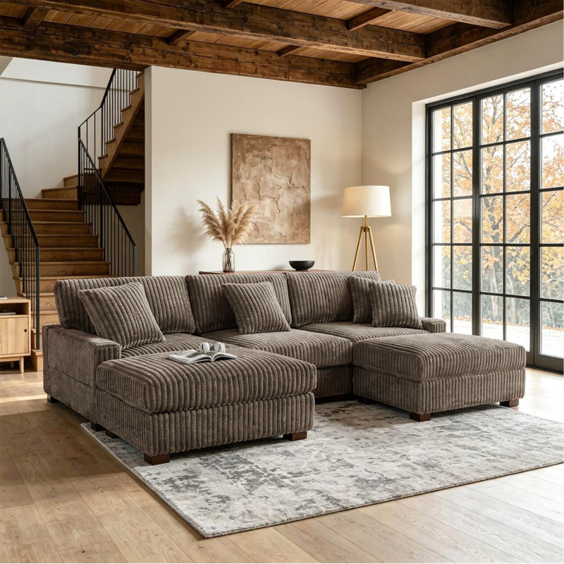 5 - Piece Upholstered Light Brown Faux Rabbit Fur Flannel Modular Sectional Sofa with Throw Pillows & Removable Ottomans