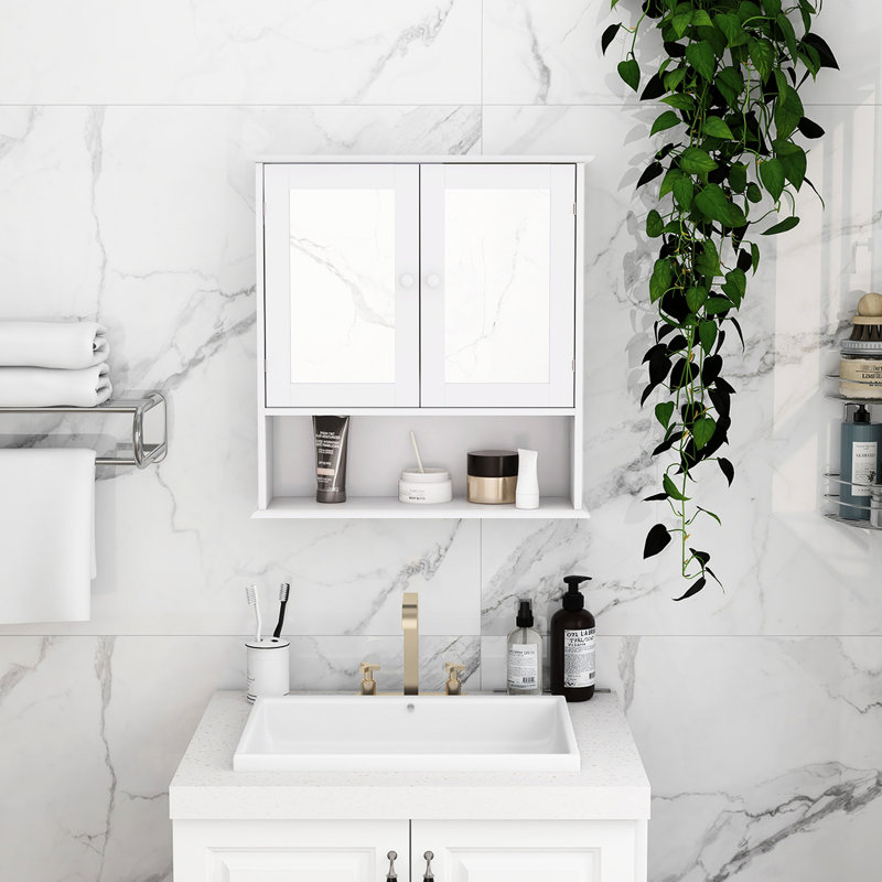 Armoire murale de salle de bain avec double porte miroir et tablettes - Tablettes réglables peu encombrantes peintes en blanc, instructions d'assemblage incluses et guide simple et élégant