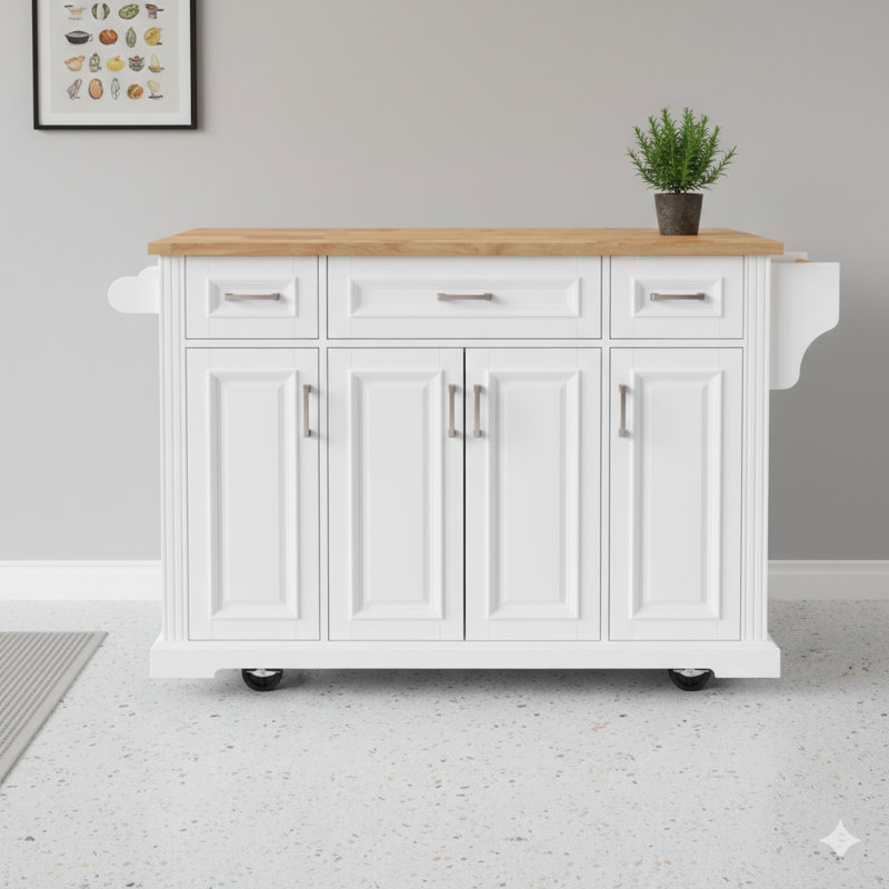 Generous 54-Inch Rolling Kitchen Island with Rubberwood Fold-Down Leaf, Textured Embossed Exterior, Equipped with 4 Casters, 4 Compartment Doors and 3 Drawers – Versatile Storage Unit for Kitchen and Dining Room Use, White Finish