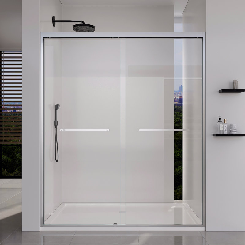 Frame Double Sliding Soft-Close Shower Doors, Bathroom Sliding Shower Door,  (6Mm) Thick Tempered Glass Door, Brushed Nickel