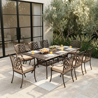 9-Piece Cast Aluminum Outdoor Table and Chairs, Classic Vintage Patio Dining Set for 8 Include 87" Rectangular Patio Dining Table and 8 Chairs with Removable Cushion and Umbrella Hole
