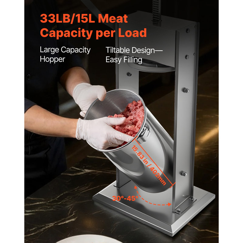 Manual Sausage Stuffer, 33 LBS / 15 L Vertical Meat Stuffer, Dual-Speed Stainless Steel Filler with 5 Filling Tubes, Heavy-Duty Sausage Casing Meat Stuffing Machine