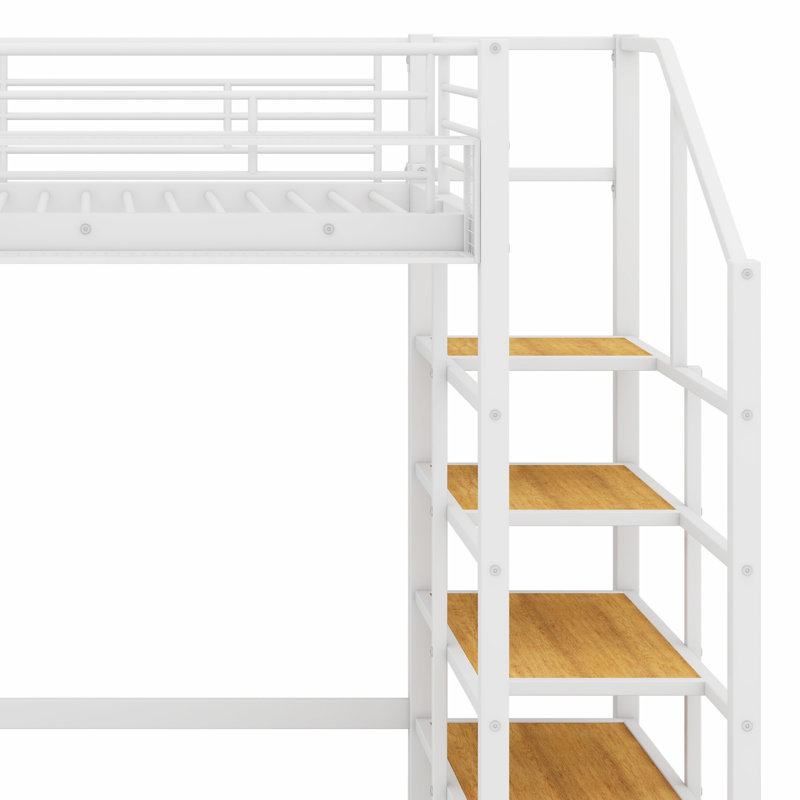 Metal Loft Bed With Upper Grid Storage Shelf And Lateral Storage Ladder, White