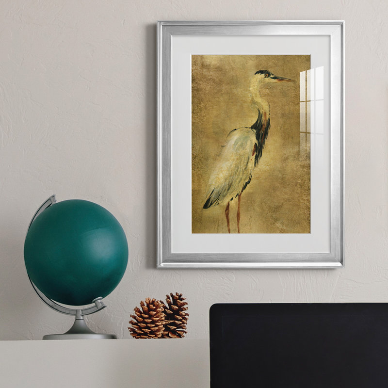 «Gold Crane at Dusk I», peinture sur toile encadrée, H 22,5 po x l 30,5 po x P 1,5 po, Argent
