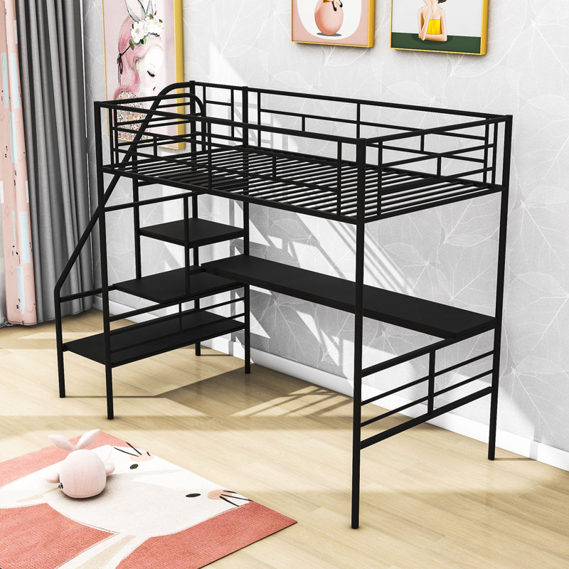 Twin Size Metal Loft Bed With Built-In-Desk