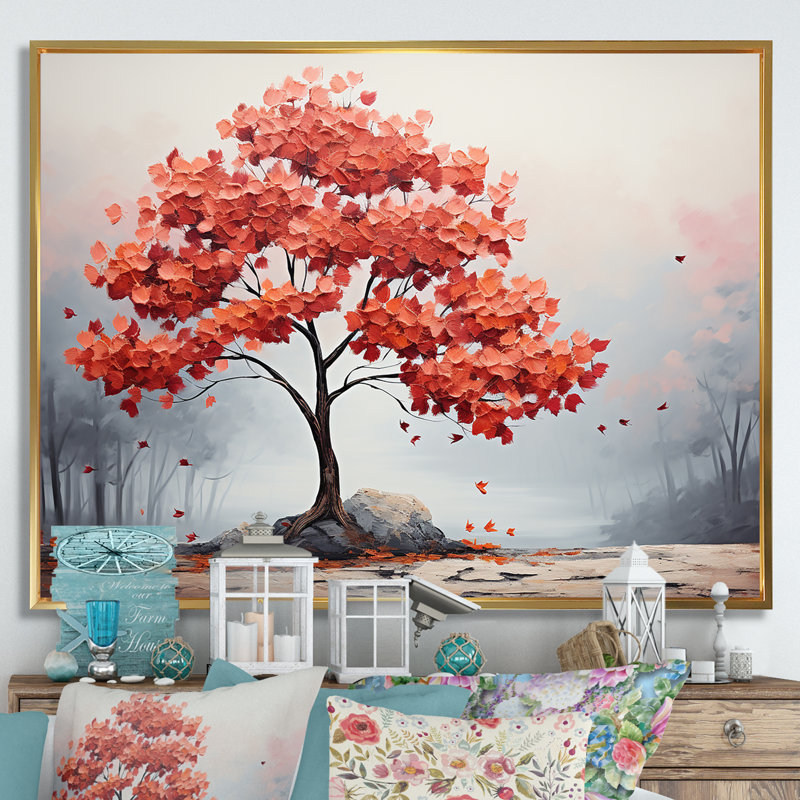 Fiery Red Maple Tree - Art mural érable, Cadre flottant doré, H 16 po x l 32 po x P 1 po