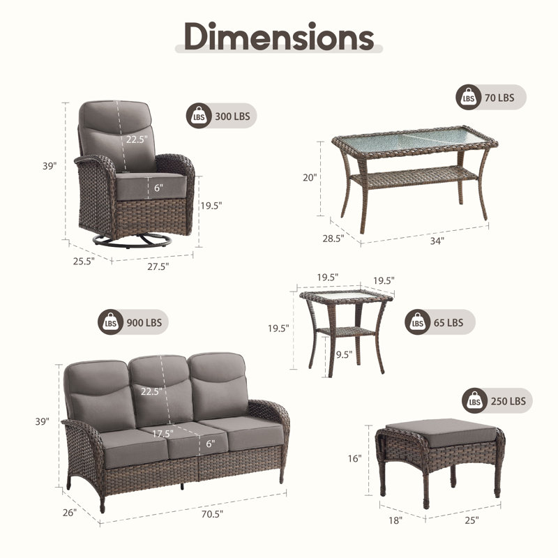 Ensemble de conversation d'extérieur en osier pour 7 personnes avec coussins moelleux de 6 po Arbor, Gris