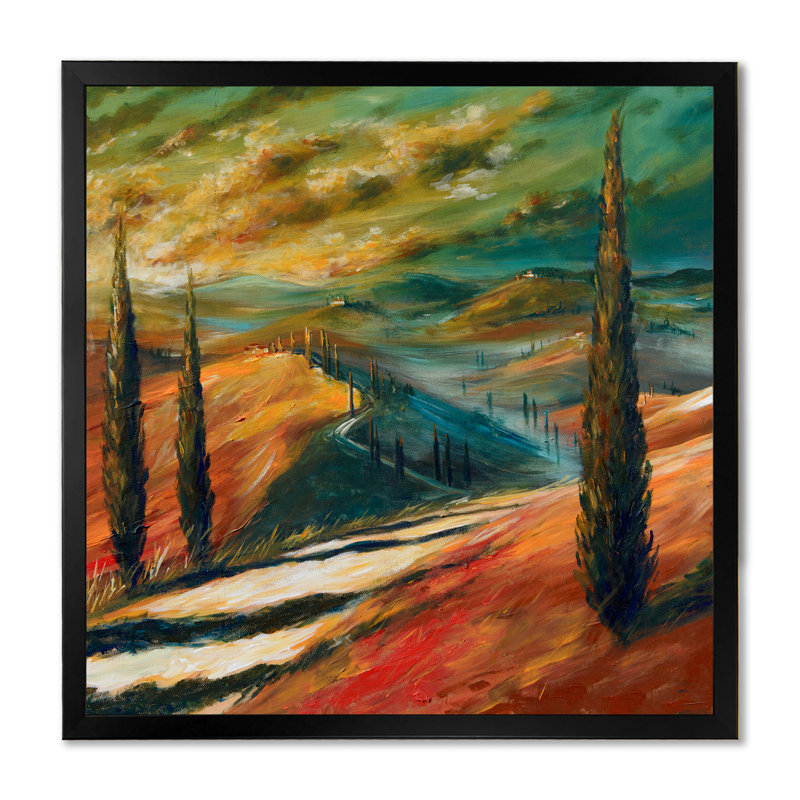 «Tuscany Valley Sunset Landscape», art mural sur toile traditionnel, Toile avec cadre noir, H 16 po x l 16 po x P 1 po