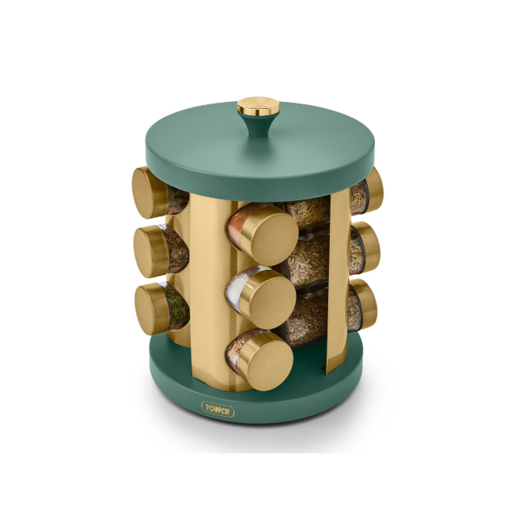 Cavaletto 12 Jar Rotating Spice Rack with Pre-Filled Spices, Jade and Rose Gold
