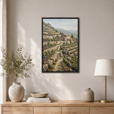 Terraced Vineyard with Stone House and Mountains Canvas Wall Art