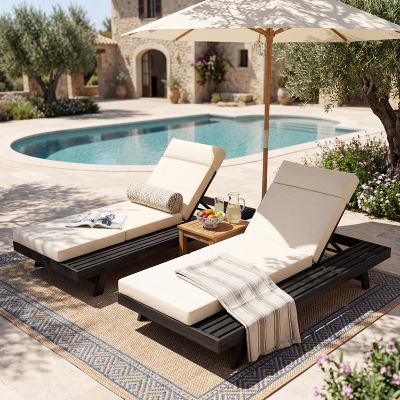 Lounge Chaise Set With Headrest, Space Available On One Side, Acacia Wood In Black With Water-Resistant Lounge Cushions (3-Fold & 4 Inch)