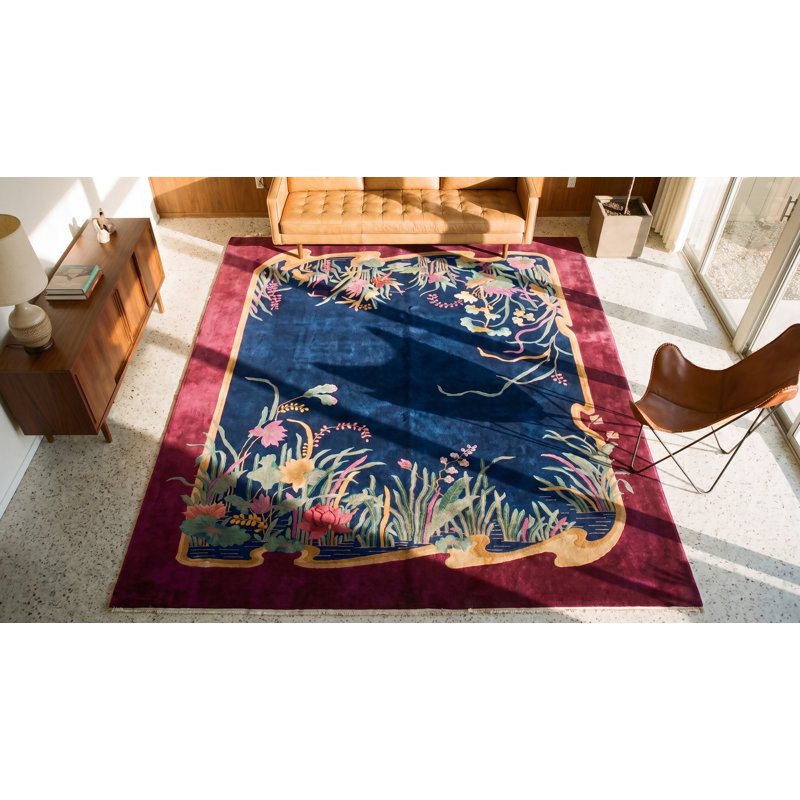 Antique Chinese Art Deco Room Size Wool Blue Rug