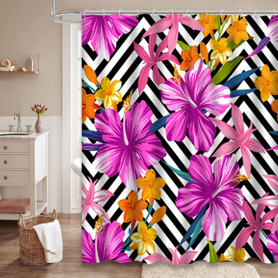 Waterproof Tropical Geometric Aloha Hibiscus Shower Curtain with 12 Hooks