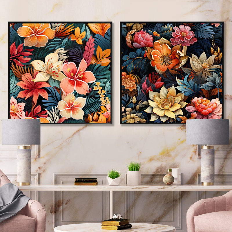 Datur - ensemble de 2 collages carrés floraux, Cadre flottant noir, H 16 po x l 33 po