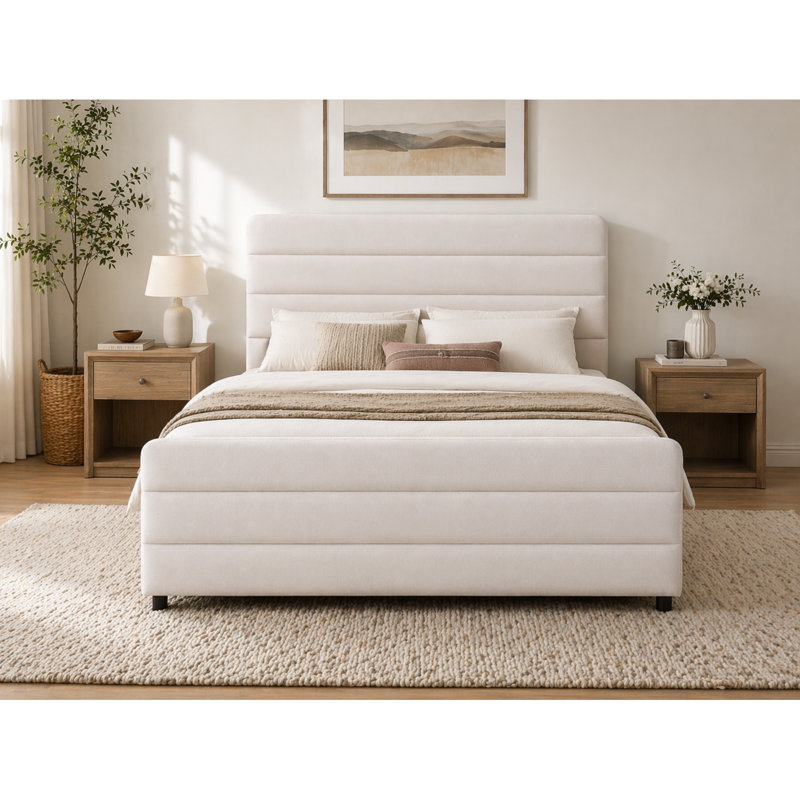 Braya Luxury Upholstered Platform Sleigh Bed With 2 Large Wood Drawers Storage,Beige,Queen, Queen, Beige