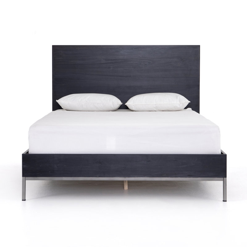Contemporary Black-Wash Poplar King Panel Bed with Metal Frame