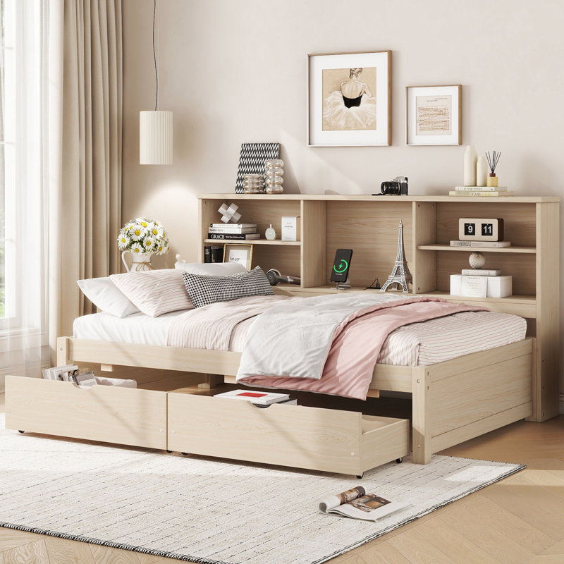 Natural Color Twin Bed With Side Bookshelves, Storage Drawers, Port Daybed Shelves, Port, Space, Natural