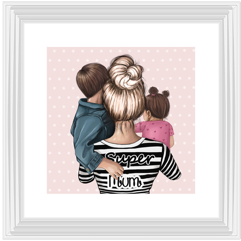 Blonde Super Mum With Daugher And Son - Single Picture Frame Print