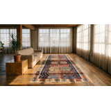 Blue Antique Tribal Geometric Mid 19th Century Turkish Kilim Long and Narrow Size Flatweave Rug