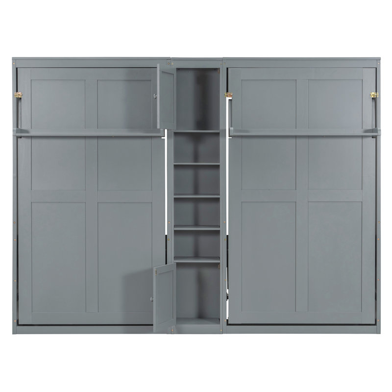 Lits simples escamotables doubles avec armoires et tablettes, Gris