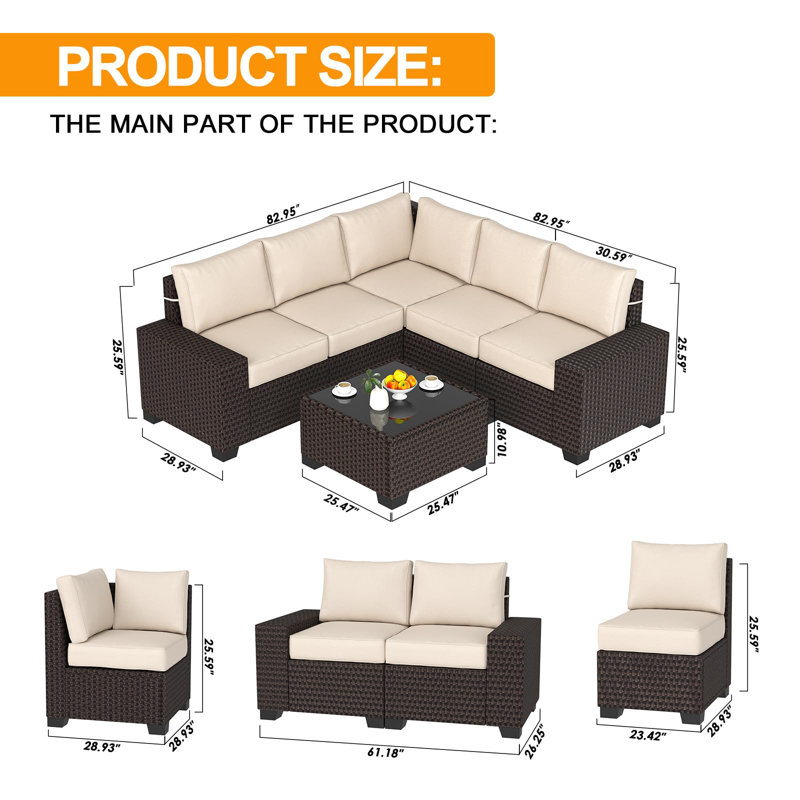 Ensemble de mobilier de patio 6 pièces, ensemble de mobilier d'extérieur en osier, ensemble modulaire de patio