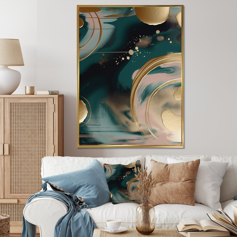 Or et vert abstrait marbré harmonies tourbillons II - marbre décoration murale, Cadre flottant doré, 40" H x 30" W