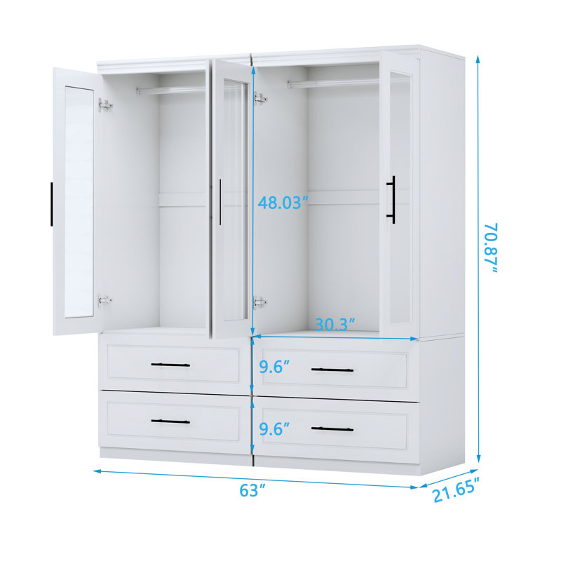 Armoire-penderie 4 portes avec tiroirs, blanc