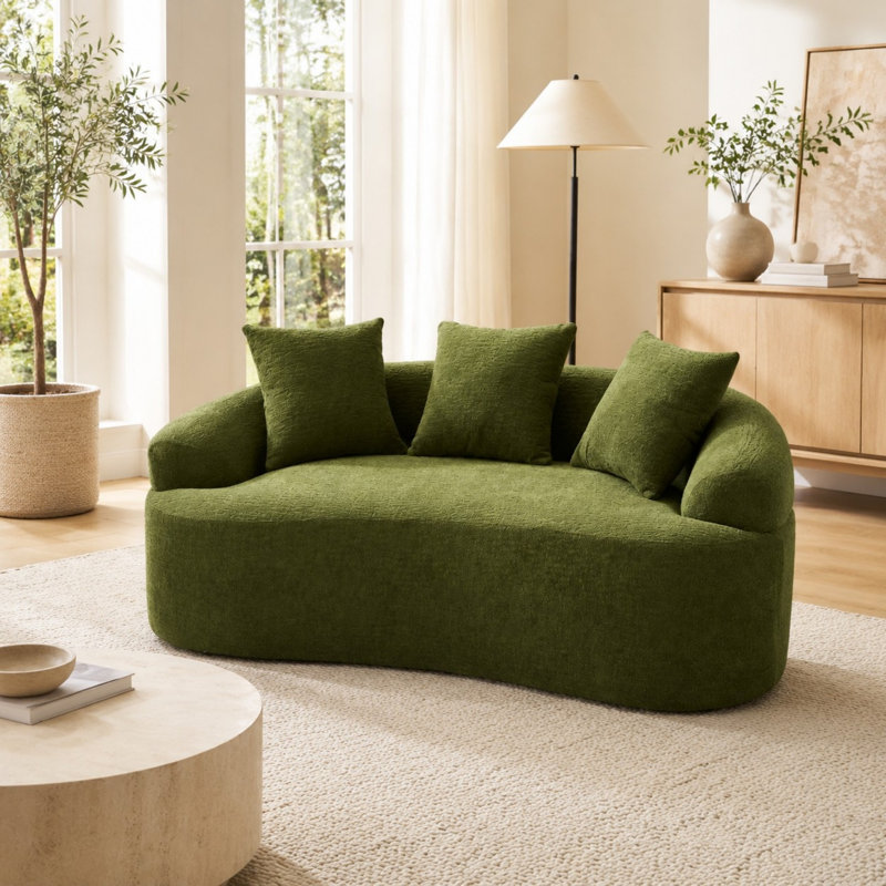 Causeuse incurvée de 65 pouces en chenille, canapé à compression 2 places avec support à ressorts et 3 coussins décoratifs, aucun assemblage requis