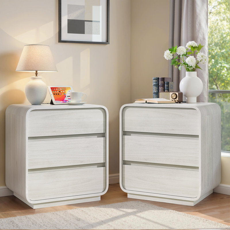 Ensemble de chambre à coucher 3 pièces courbée blanche avec station de charge, White, 3 Pcs: Chest, 2 Nightstands