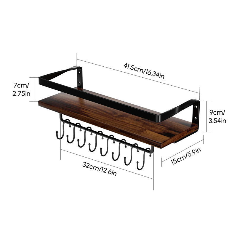 Set of 2 Waterproof Pine Wood Floating Shelves with Metal Rail & 8 Hooks, Wall Mounted Storage Shelf for Bathroom, Kitchen & Living Room