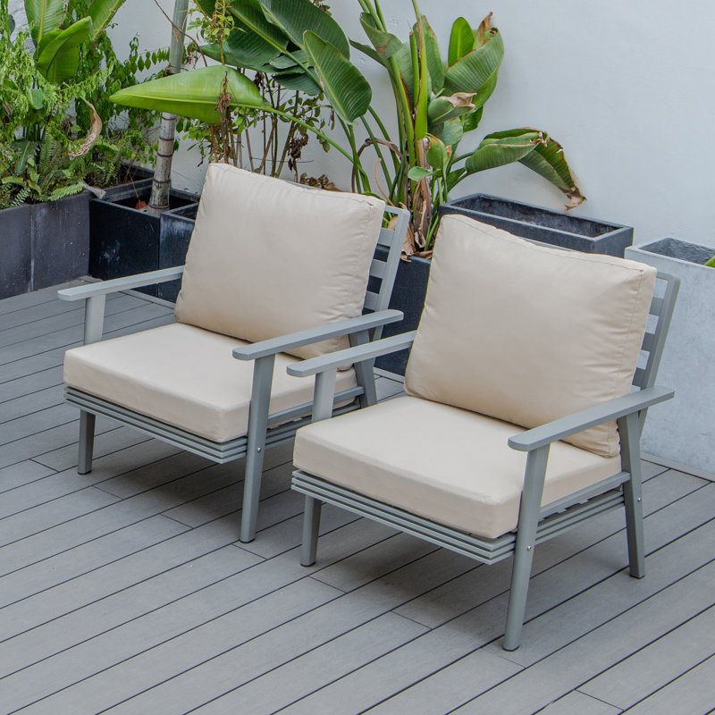 2-Piece Patio Arm Chair with Slatted Aluminum Frame - Removable Polyester Cushions, Cotton-Filled Lounge Chair for Indoor Outdoor Use